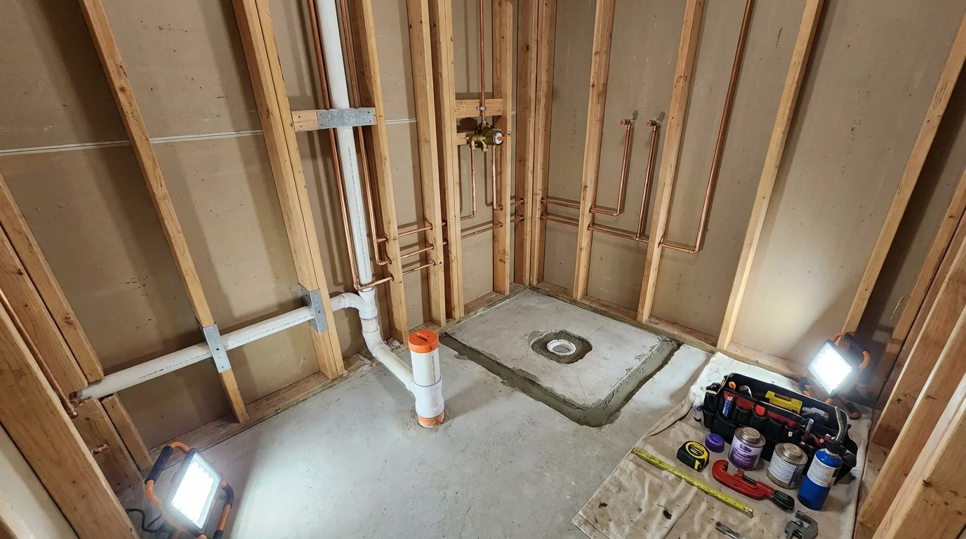Bathroom rough-in plumbing during remodel by Johns Plumbing LLC in Wilberforce
