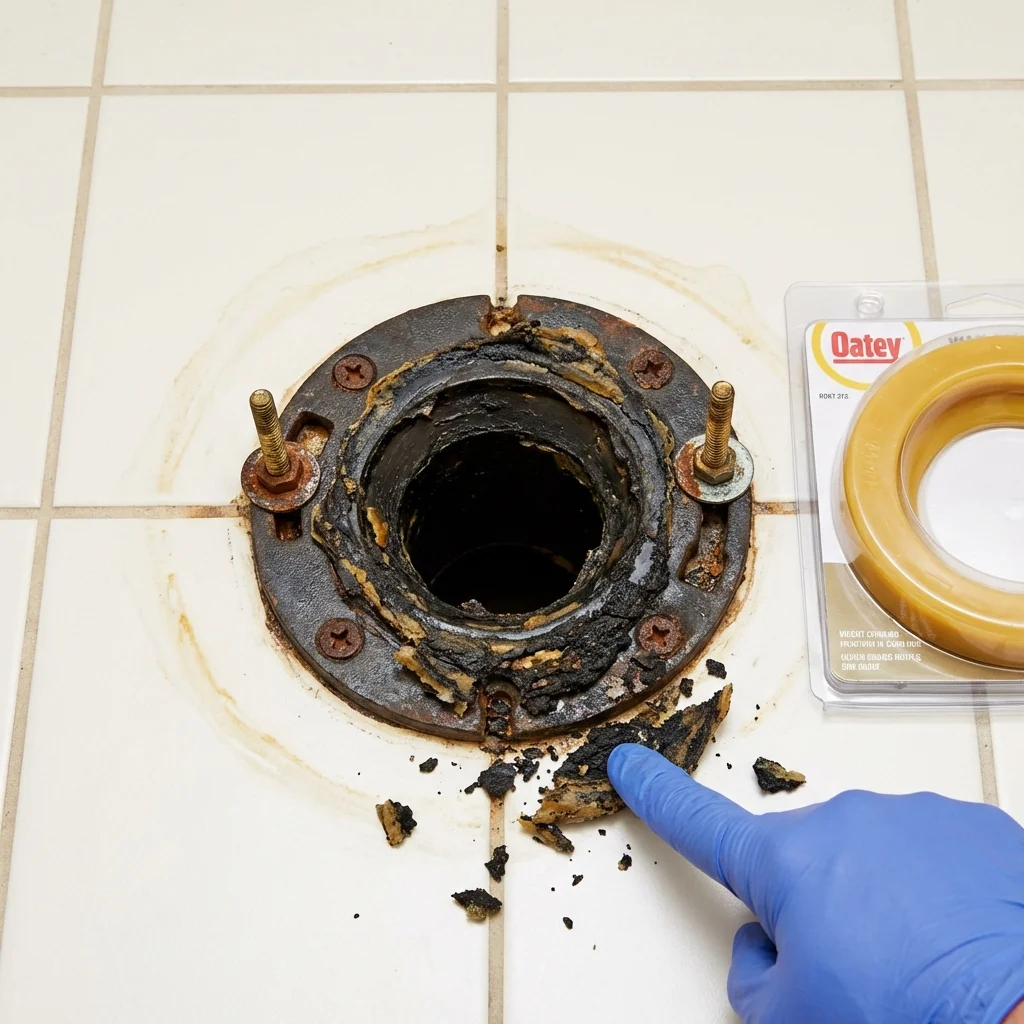 Failed wax ring showing water seepage at the base of a toilet in a Wilberforce, OH home