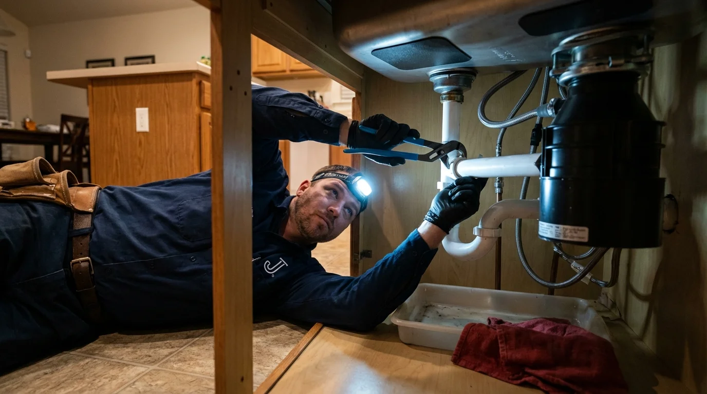 P-trap and supply line connections under a kitchen sink showing a common leak point in Wilberforce, OH